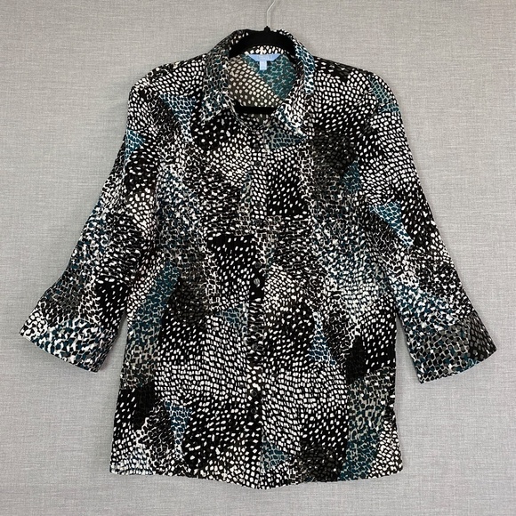 Denver Hayes Top Womens 2X Green Black Button Up Top 3/4 Sleeve Pleated Stretchy - Picture 1 of 12